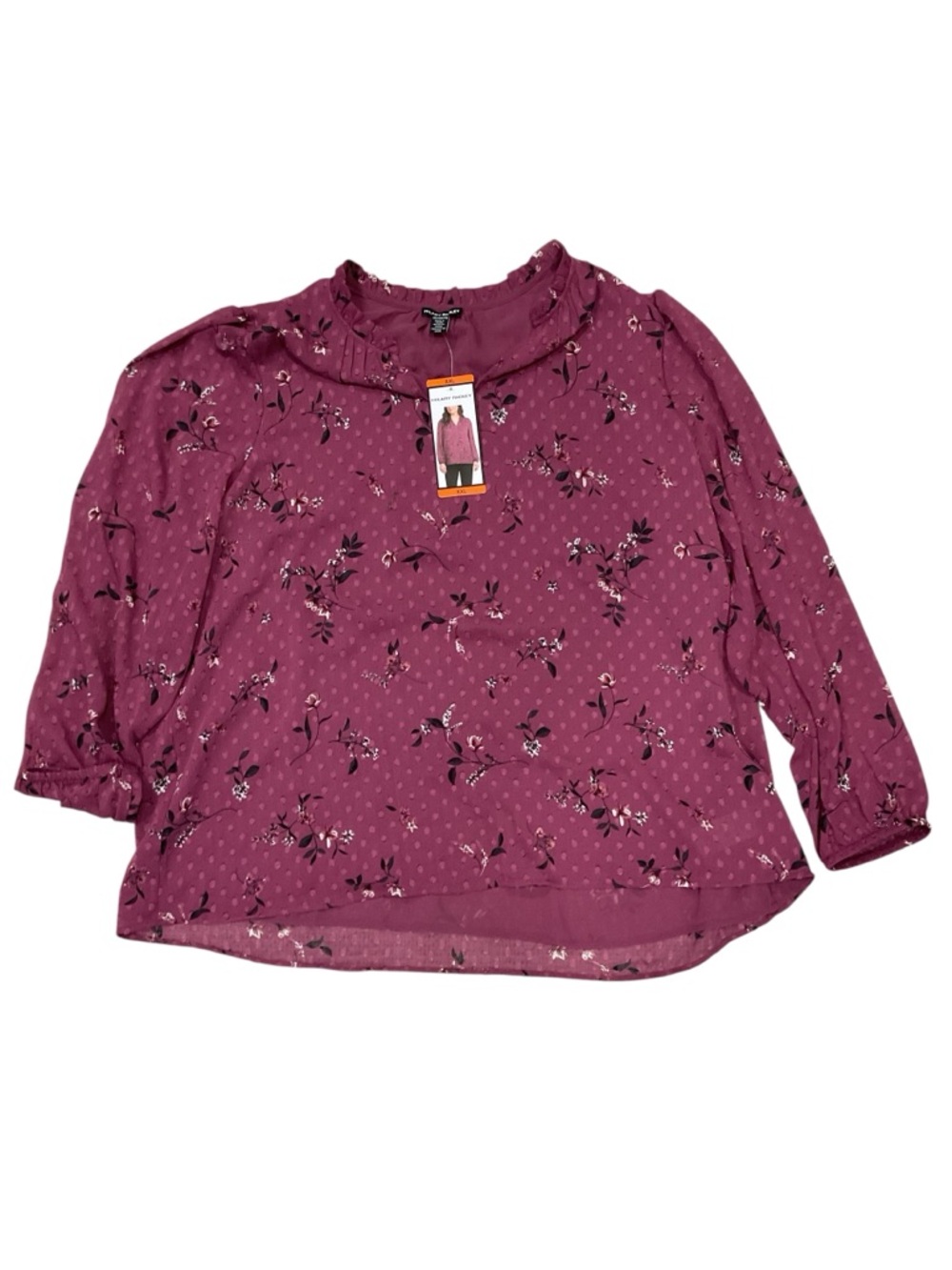 Hilary Radley Womens XXL Plum Floral Clip Dot Ruffle Neck Long Sleeve Blouse NWT